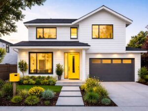 ホワイトの外壁にネイビーの差し色が入った住宅